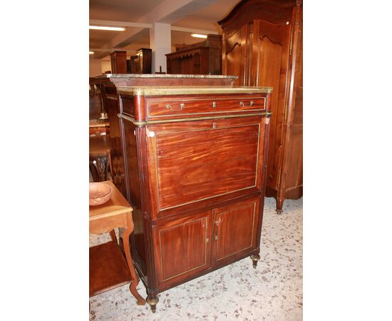 Secretaire Luigi XVI in Legno di Mogano Con Piano In Marmo Bianco