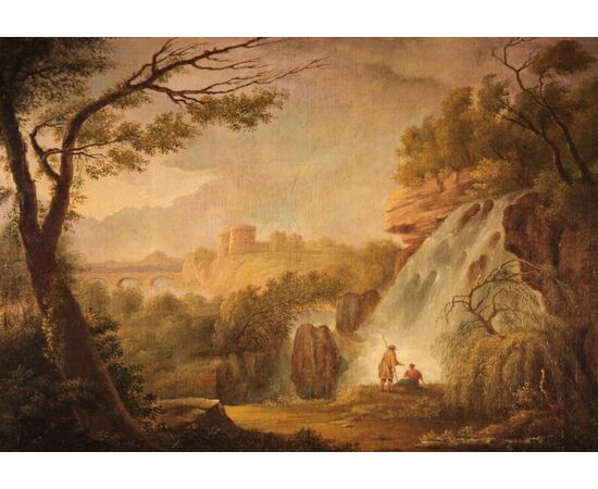 Anonimo del XIX sec. | Paesaggio con cascate - dipinto olio su tela. 