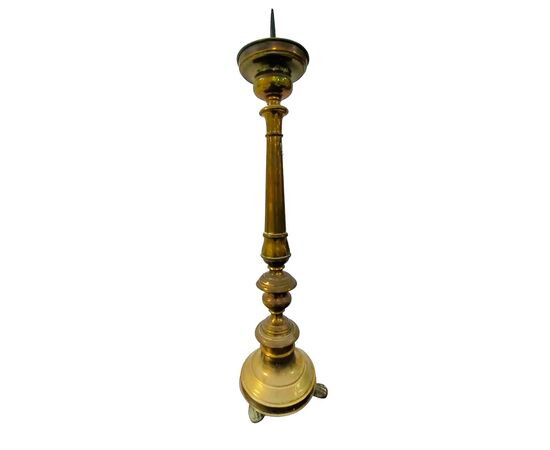 Antico candelabro tornito in ottone