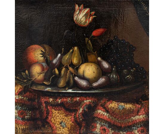 Cerchia di Francesco Noletti detto il Maltese (1611 ca. – 1654), Natura morta con frutta, fiori e tappeto