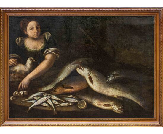 Scuola emiliana, XVII secolo, Coppia di pescatori con nature morte di pesci