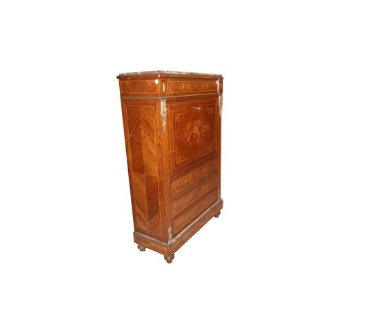 Secretaire francese stile Luigi XVI in legno di bois de rose del 1800 con marmo e intarsi