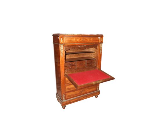 Secretaire francese stile Luigi XVI in legno di bois de rose del 1800 con marmo e intarsi