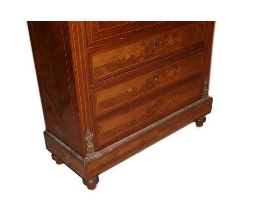 Secretaire francese stile Luigi XVI in legno di bois de rose del 1800 con marmo e intarsi