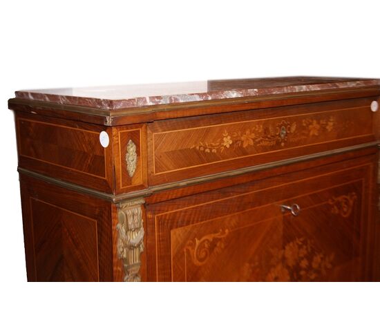 Secretaire francese stile Luigi XVI in legno di bois de rose del 1800 con marmo e intarsi