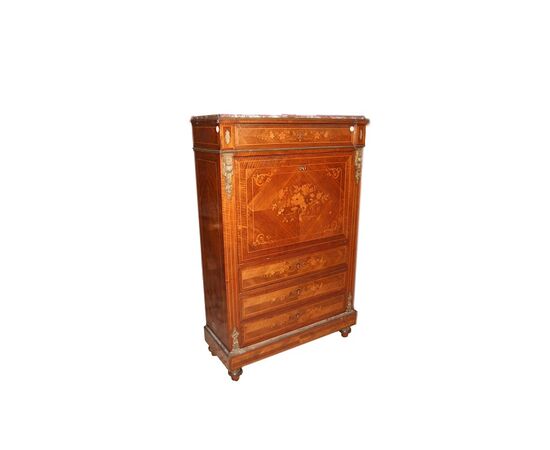 Secretaire francese stile Luigi XVI in legno di bois de rose del 1800 con marmo e intarsi