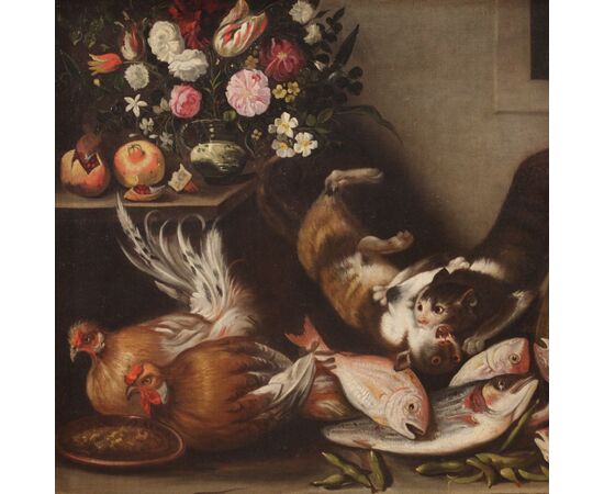 Italian painting still life with animals, flowers and fruit