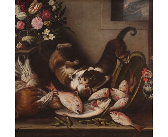 Italian painting still life with animals, flowers and fruit