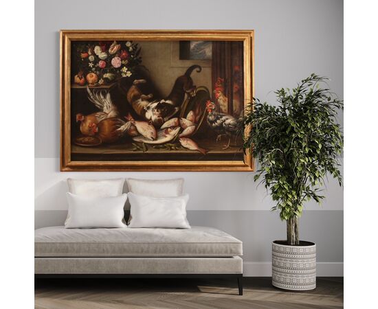 Italian painting still life with animals, flowers and fruit