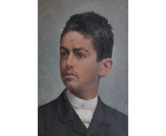 Antico Dipinto olio su tela 1890 “giovane “ Antonio Salvetti Colle Vald’ Elsa ritratto mis 67 X 50  . Cornice dorata meccata .  