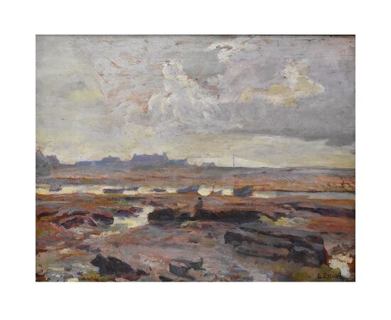 QUADRI ANTICHI, QUADRI MARE, MARINA CON VILLAGGIO, OLIO SU TAVOLA, XIX.  (QM567)
