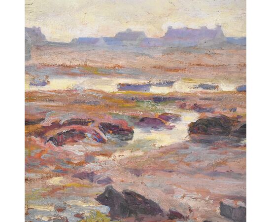 QUADRI ANTICHI, QUADRI MARE, MARINA CON VILLAGGIO, OLIO SU TAVOLA, XIX.  (QM567)