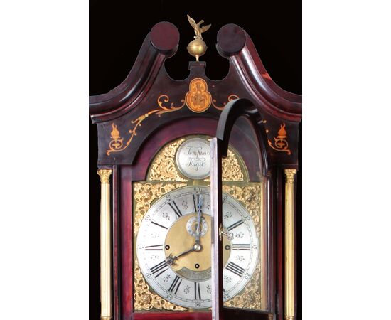 Orologio a colonna inglese del 1800 in mogano intarsiato quadrante firmato J.R. OGDEN Harrogate Vittoriano 