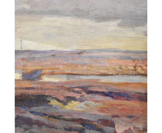QUADRI ANTICHI, QUADRI MARE, MARINA CON VILLAGGIO, OLIO SU TAVOLA, XIX.  (QM567)