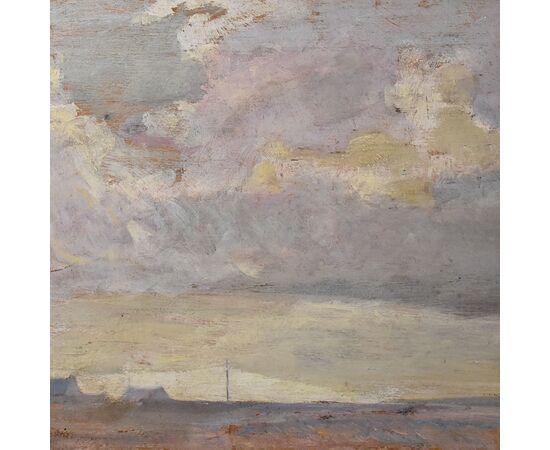 QUADRI ANTICHI, QUADRI MARE, MARINA CON VILLAGGIO, OLIO SU TAVOLA, XIX.  (QM567)
