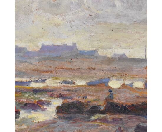 QUADRI ANTICHI, QUADRI MARE, MARINA CON VILLAGGIO, OLIO SU TAVOLA, XIX.  (QM567)