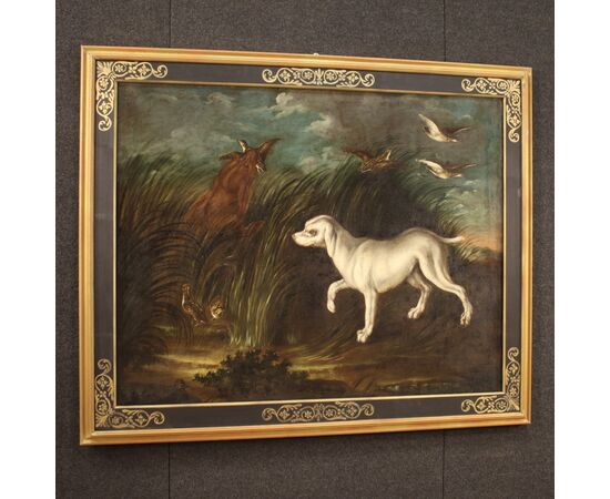 Antique painting from 18th century landscape with dog 