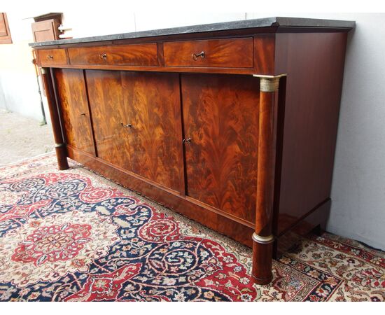 CREDENZA A 4 PORTE IN PIUMA DI MOGANO STILE IMPERO RESTAURATA  cm L208xP59xH100