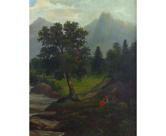 Antico quadro inglese del 1800 Olio su tela inglese raffigurante paesaggio bosco - Firmato