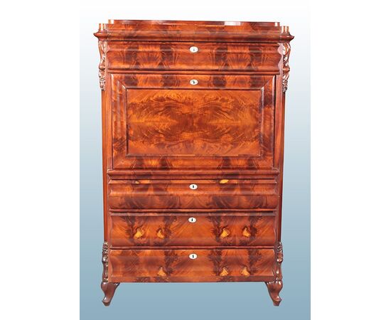 Secretaire Nord Europa del 1800 stile Biedermeier in mogano e piuma di mogano