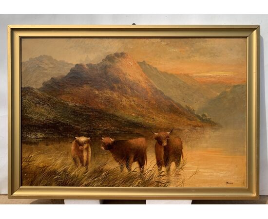 Frank Walters (British, fine XIX sec.) - Bestiame delle Highlands al lago. 