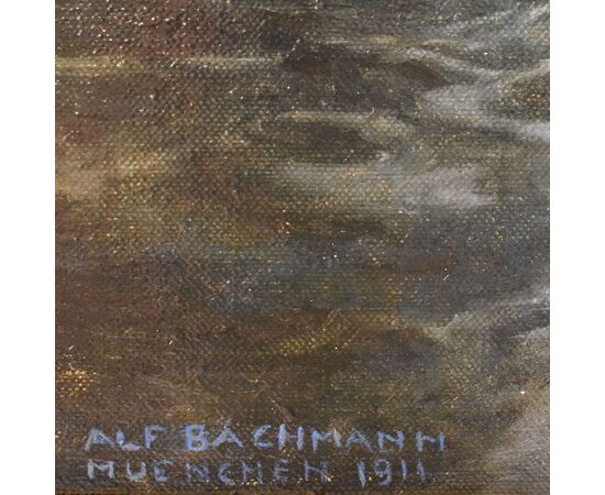 QUADRI ANTICHI, GRANDE MARINA CON CORVI E SCOGLIO, OLIO SU TELA, INIZIO XX SECOLO. (QM606)