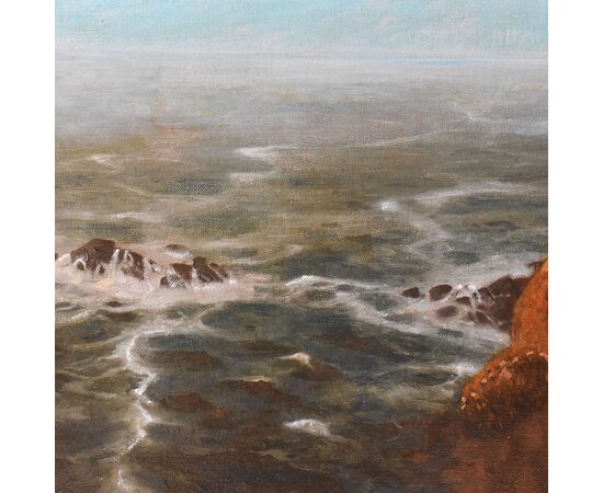 QUADRI ANTICHI, GRANDE MARINA CON CORVI E SCOGLIO, OLIO SU TELA, INIZIO XX SECOLO. (QM606)
