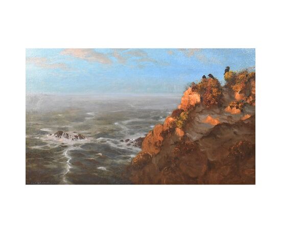 QUADRI ANTICHI, GRANDE MARINA CON CORVI E SCOGLIO, OLIO SU TELA, INIZIO XX SECOLO. (QM606)