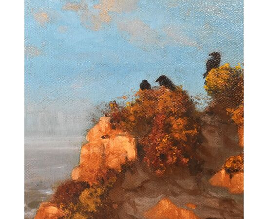 QUADRI ANTICHI, GRANDE MARINA CON CORVI E SCOGLIO, OLIO SU TELA, INIZIO XX SECOLO. (QM606)