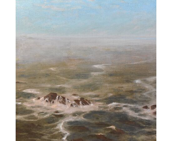 QUADRI ANTICHI, GRANDE MARINA CON CORVI E SCOGLIO, OLIO SU TELA, INIZIO XX SECOLO. (QM606)