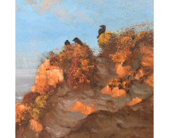QUADRI ANTICHI, GRANDE MARINA CON CORVI E SCOGLIO, OLIO SU TELA, INIZIO XX SECOLO. (QM606)