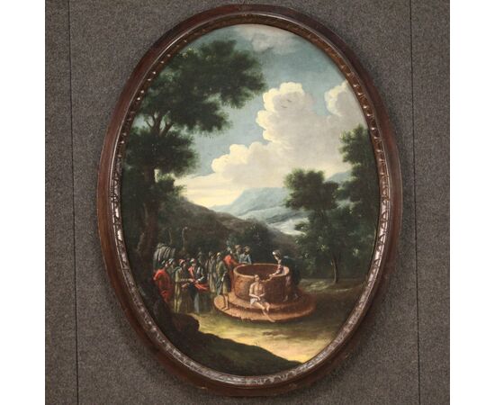 Ancient oval painting from the 18th century Joseph at the well