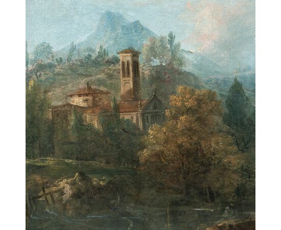 Francesco Zuccarelli (Pitigliano 1702 - Firenze 1788) - Paesaggio fluviale con cavalieri e borgo medievale.