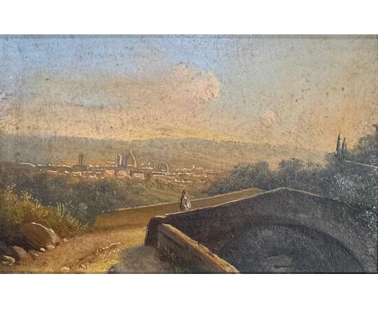 Pair of small paintings "View of Florence" and "View of Pisa" - 19th Century