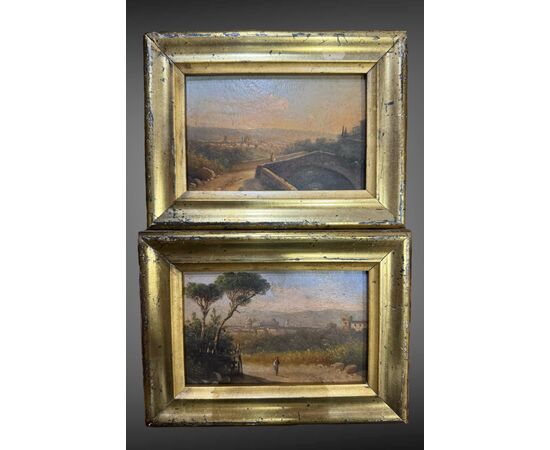 Pair of small paintings "View of Florence" and "View of Pisa" - 19th Century