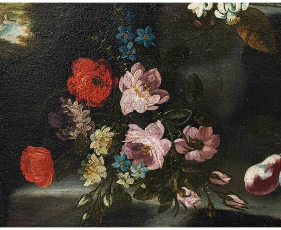 Felice Rubbiani (Modena, 1677 - San Pancrazio di Freto, 1752), attr., Natura morta con pappagallo, frutta e fiori