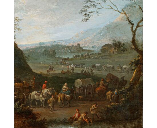 Karel Breydel, detto Cavaliere di Anversa (1678 - 1733)  Paesaggio con viaggiatori in sosta