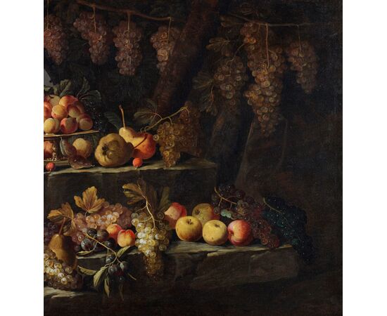 Maestro dei frutti su piani inclinati, Natura morta di frutta all’aperto, Roma 1660 – 1670