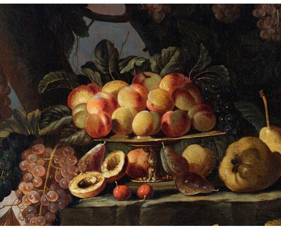 Maestro dei frutti su piani inclinati, Natura morta di frutta all’aperto, Roma 1660 – 1670