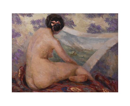 DIPINTI NUDITA' FEMMINILE, ART DECO, QUADRI DI NUDI DI DONNA CON FIOCCO ROSA, DEL 1900. (QN554)