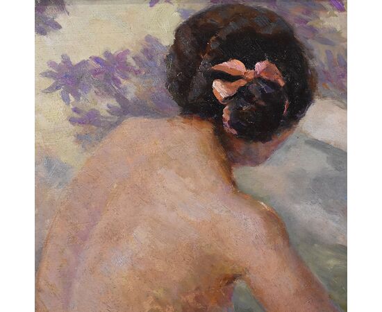 DIPINTI NUDITA' FEMMINILE, ART DECO, QUADRI DI NUDI DI DONNA CON FIOCCO ROSA, DEL 1900. (QN554)