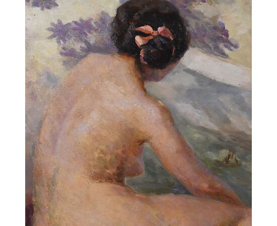 DIPINTI NUDITA' FEMMINILE, ART DECO, QUADRI DI NUDI DI DONNA CON FIOCCO ROSA, DEL 1900. (QN554)