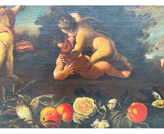 Allegoria gioco di putti con ghirlanda di fiori e frutta