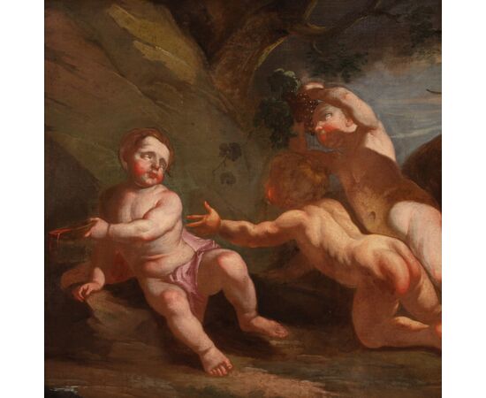 Italian painting from the 17th century, bacchanal of cherubs