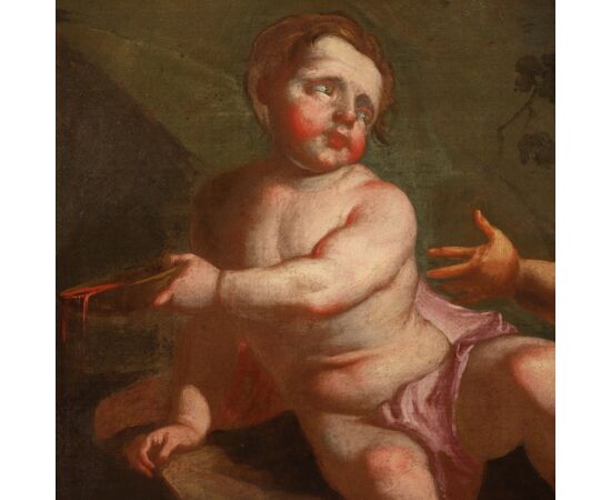 Italian painting from the 17th century, bacchanal of cherubs