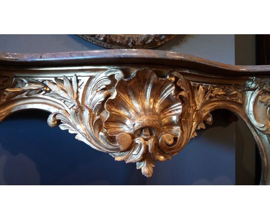 Consolle francese del 1800 in legno dorato foglia oro stile Luigi Filippo piano in marmo