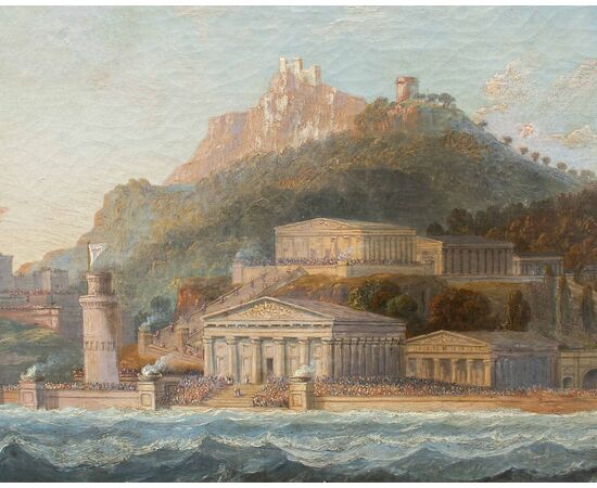 James Wilson Carmichael (1800-1868), Trireme presso il porto di un'acropoli con parata   