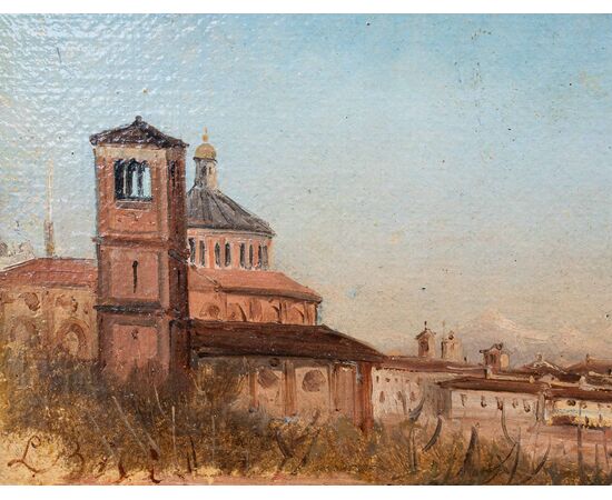 Luigi Bisi (1814-1886), Veduta di Milano con il Duomo e la Chiesa di San Celso