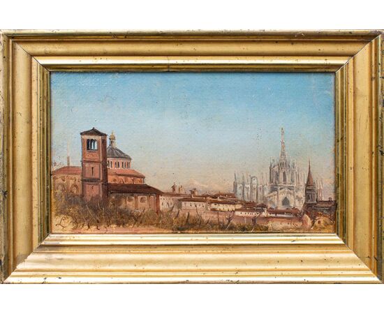 Luigi Bisi (1814-1886), Veduta di Milano con il Duomo e la Chiesa di San Celso