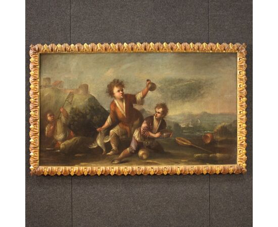 Painting oil on canvas landscape with children from the 18th century